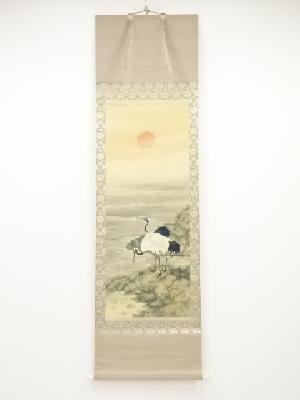 宇田荻邨筆　岩上之鶴　肉筆絹本掛軸（共箱）